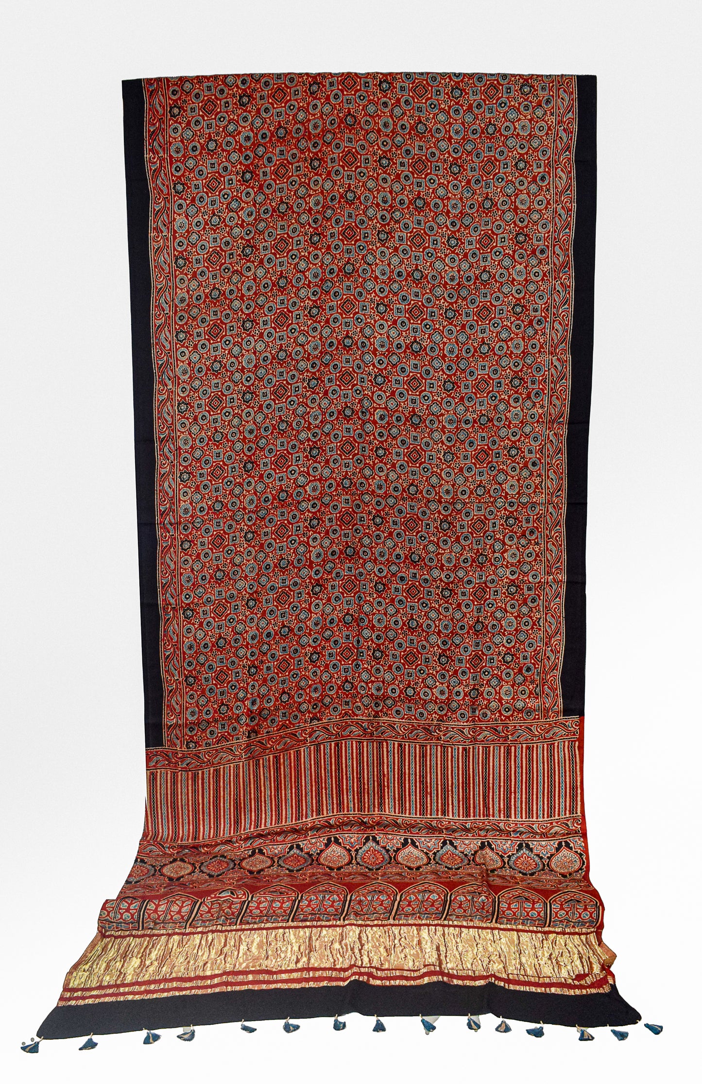 Ajrakh Modal Silk Natural Dye Golden Border Hand Block Print Saree with Blouse Piece - 5.5 Mtr Length    -  SKU : MS05C01D