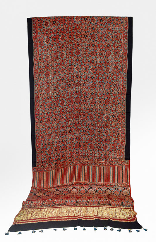 Ajrakh Modal Silk Natural Dye Golden Border Hand Block Print Saree with Blouse Piece - 5.5 Mtr Length    -  SKU : MS05C01D