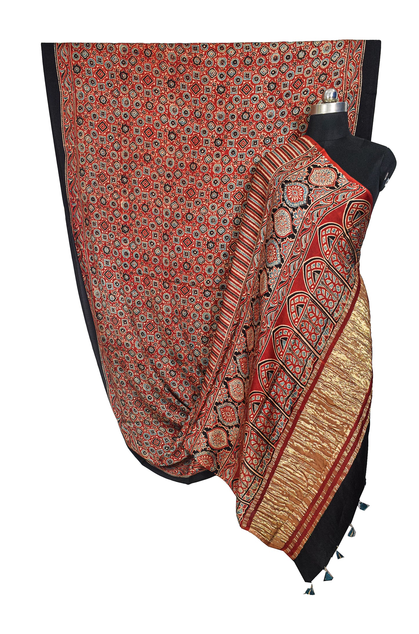 Ajrakh Modal Silk Natural Dye Golden Border Hand Block Print Saree with Blouse Piece - 5.5 Mtr Length    -  SKU : MS05C01D