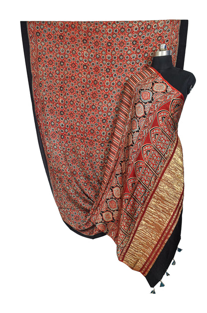 Ajrakh Modal Silk Natural Dye Golden Border Hand Block Print Saree with Blouse Piece - 5.5 Mtr Length    -  SKU : MS05C01D