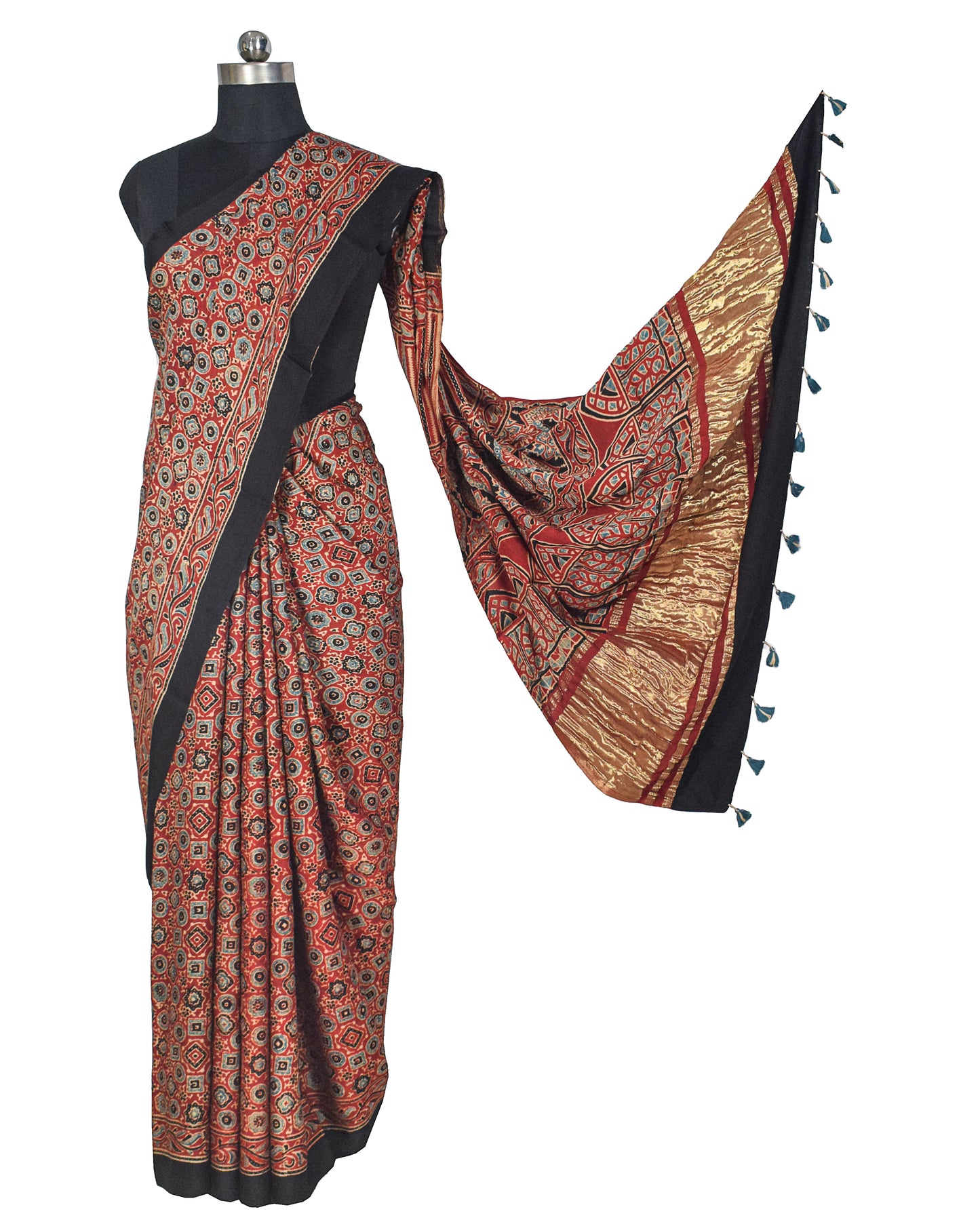 Ajrakh Modal Silk Natural Dye Golden Border Hand Block Print Saree with Blouse Piece - 5.5 Mtr Length    -  SKU : MS05C01D