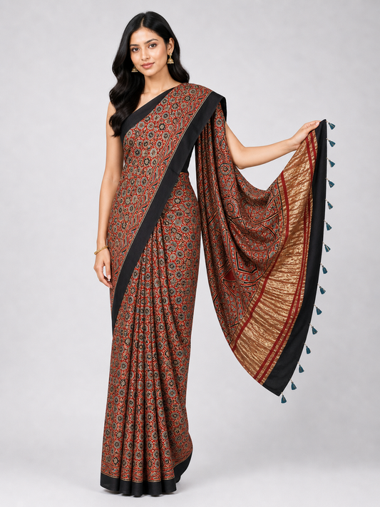 Ajrakh Modal Silk Natural Dye Golden Border Hand Block Print Saree with Blouse Piece - 5.5 Mtr Length    -  SKU : MS05C01D