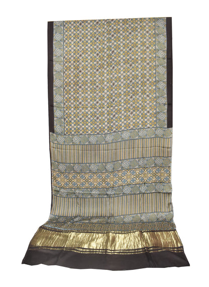 Ajrakh Modal Silk Natural Dye Hand Block Print Saree   With Golden Border  - With Blouse Piece - 6 mtrs Length    -  SKU : ID1510AC