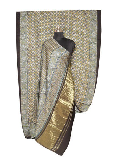 Ajrakh Modal Silk Natural Dye Hand Block Print Saree   With Golden Border  - With Blouse Piece - 6 mtrs Length    -  SKU : ID1510AC