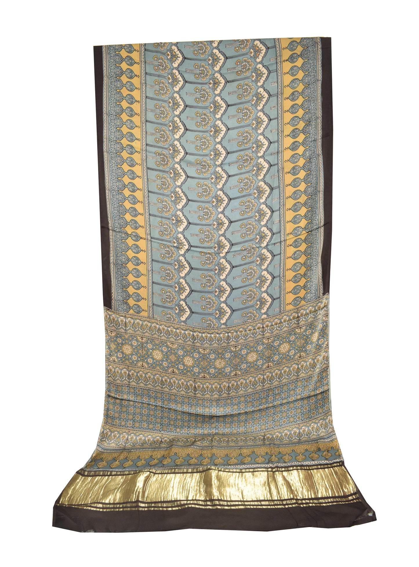 Ajrakh Modal Silk Natural Dye Hand Block Print Saree   With Golden Border  - With Blouse Piece - 6 mtrs Length    -  SKU : ID1510AE
