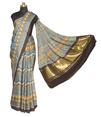 Ajrakh Modal Silk Natural Dye Hand Block Print Saree   With Golden Border  - With Blouse Piece - 6 mtrs Length    -  SKU : ID1510AE