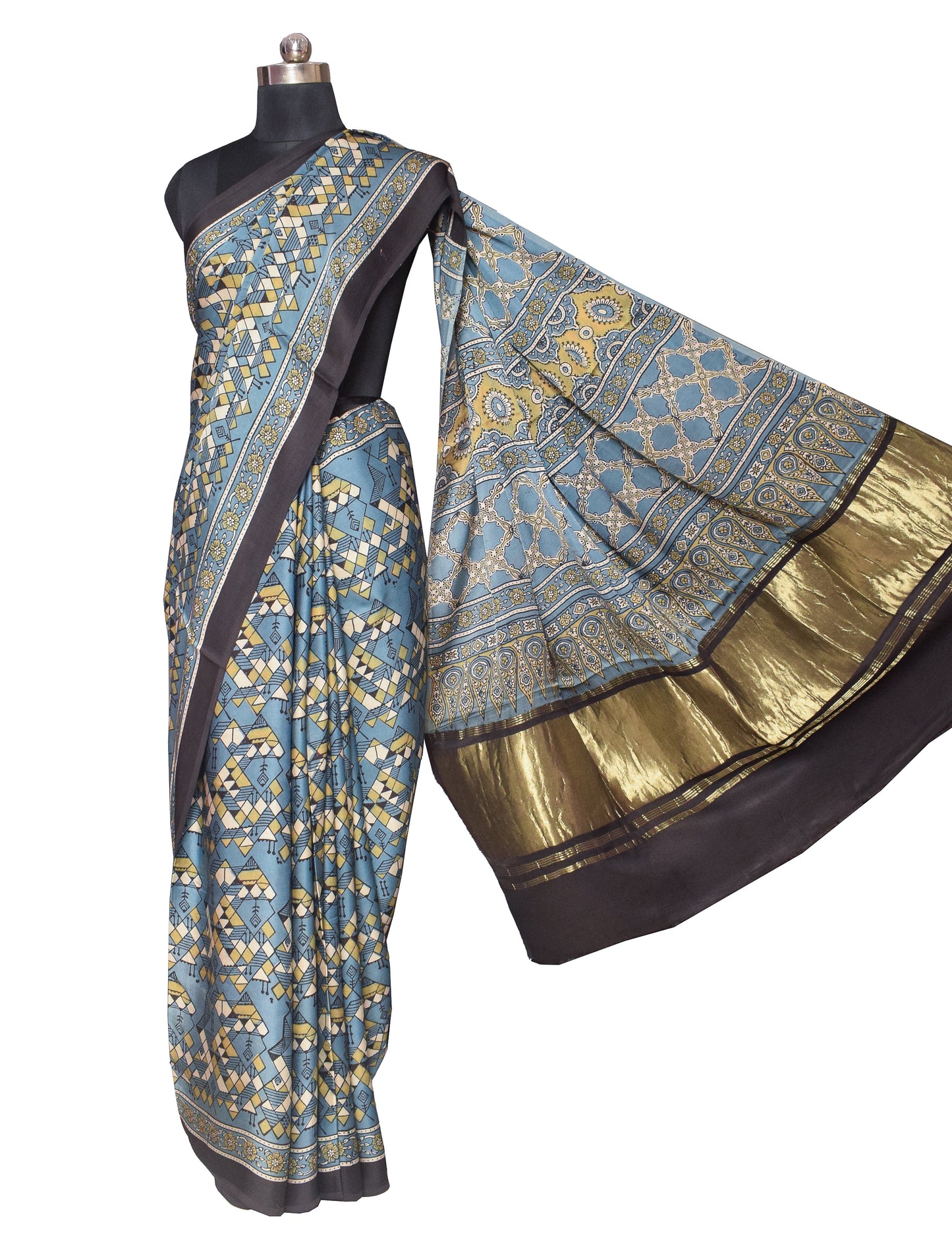 Ajrakh Modal Silk Natural Dye Hand Block Print Saree   With Golden Border  - With Blouse Piece - 6 mtrs Length    -  SKU : ID1510AG