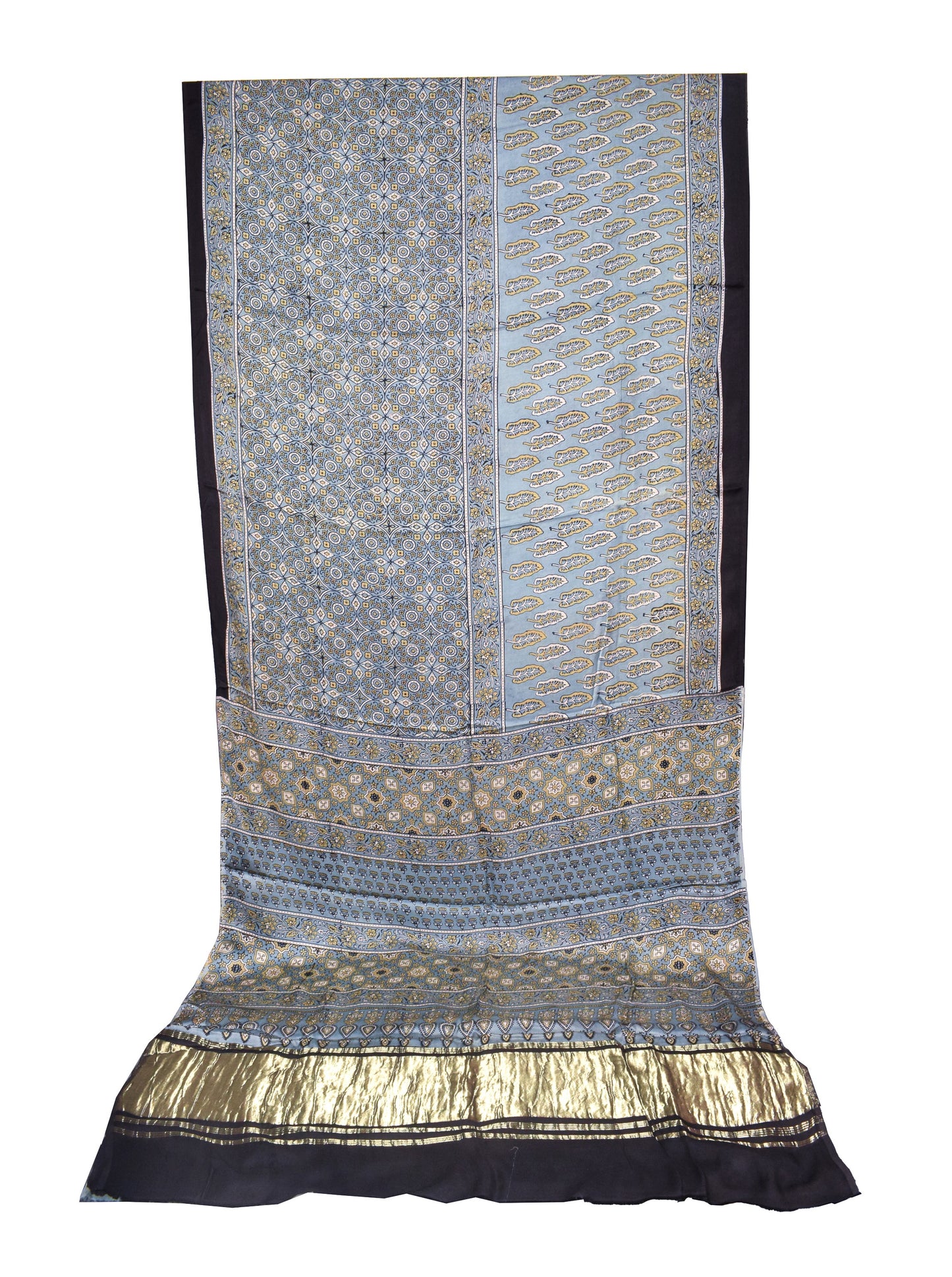 Ajrakh Modal Silk Natural Dye Hand Block Print Saree   With Golden Border  - With Blouse Piece - 6 mtrs Length    -  SKU : ID1510AH