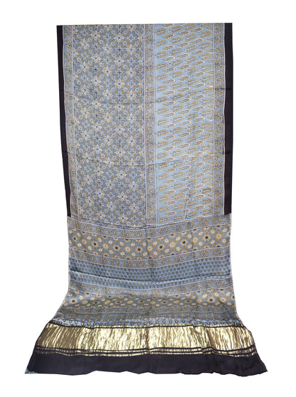 Ajrakh Modal Silk Natural Dye Hand Block Print Saree   With Golden Border  - With Blouse Piece - 6 mtrs Length    -  SKU : ID1510AH