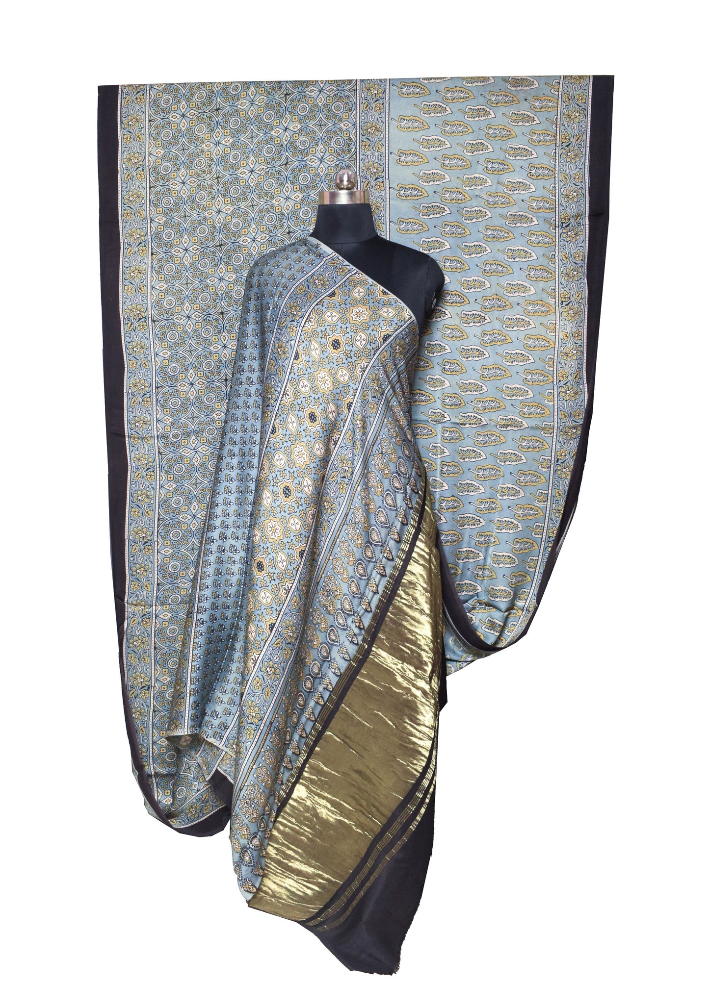 Ajrakh Modal Silk Natural Dye Hand Block Print Saree   With Golden Border  - With Blouse Piece - 6 mtrs Length    -  SKU : ID1510AH