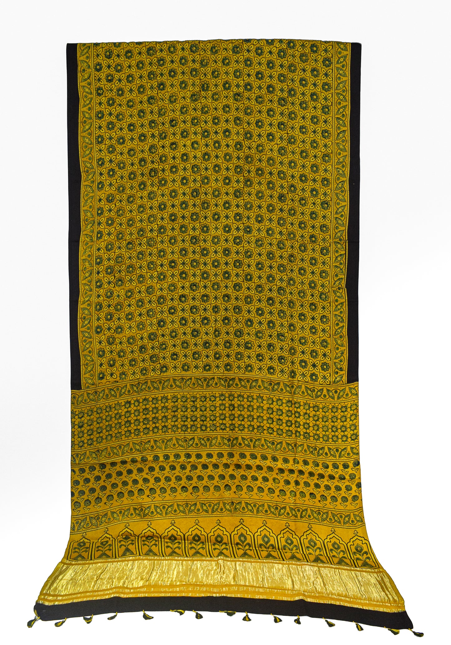 Ajrakh Modal Silk Natural Dye Golden Border Hand Block Print Saree with Blouse Piece - 5.5 Mtr Length    -  SKU : MS05C01B