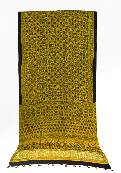 Ajrakh Modal Silk Natural Dye Golden Border Hand Block Print Saree with Blouse Piece - 5.5 Mtr Length    -  SKU : MS05C01B
