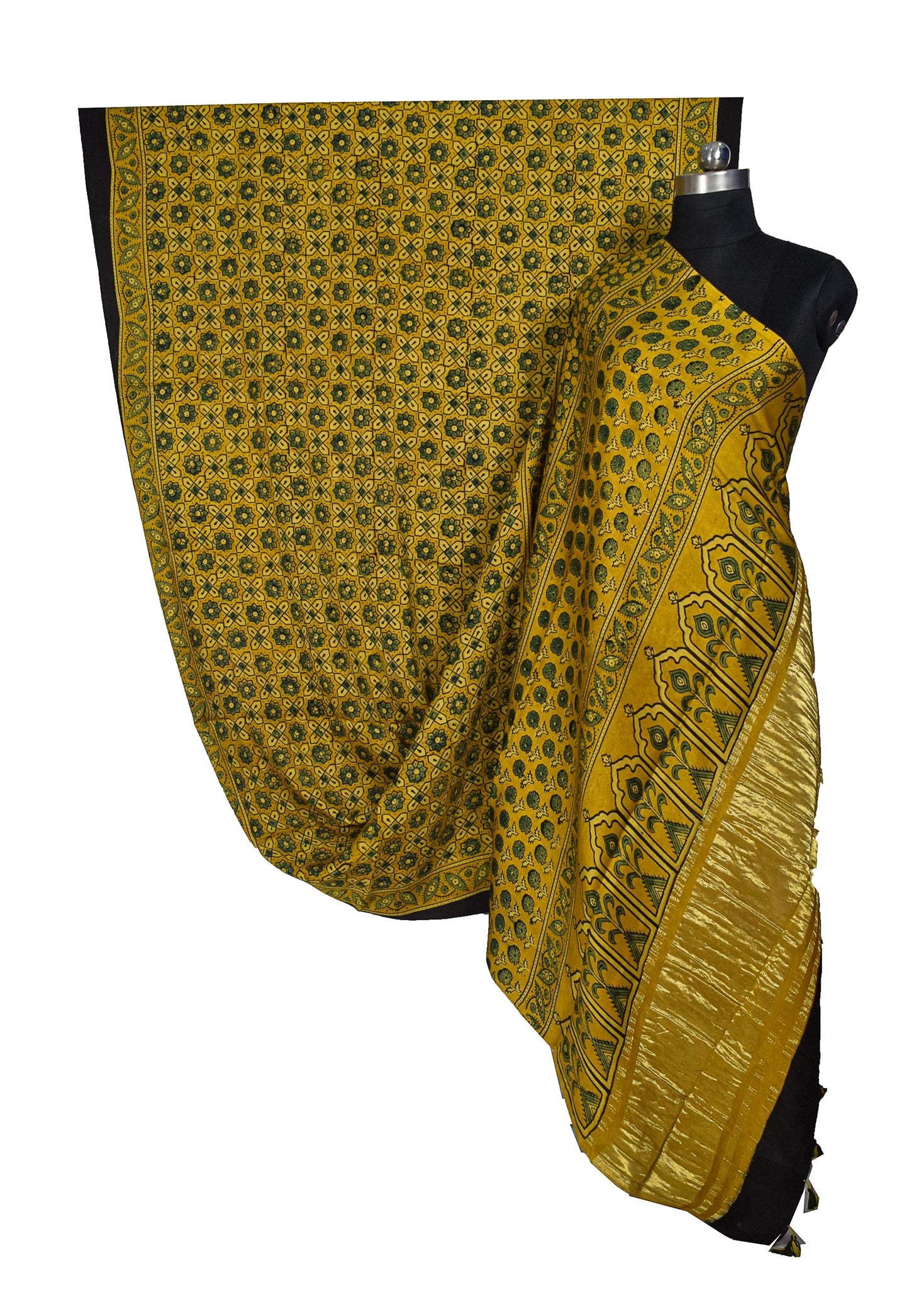 Ajrakh Modal Silk Natural Dye Golden Border Hand Block Print Saree with Blouse Piece - 5.5 Mtr Length    -  SKU : MS05C01B