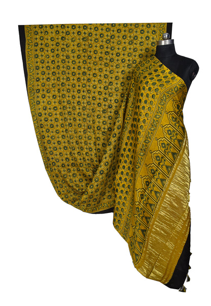 Ajrakh Modal Silk Natural Dye Golden Border Hand Block Print Saree with Blouse Piece - 5.5 Mtr Length    -  SKU : MS05C01B