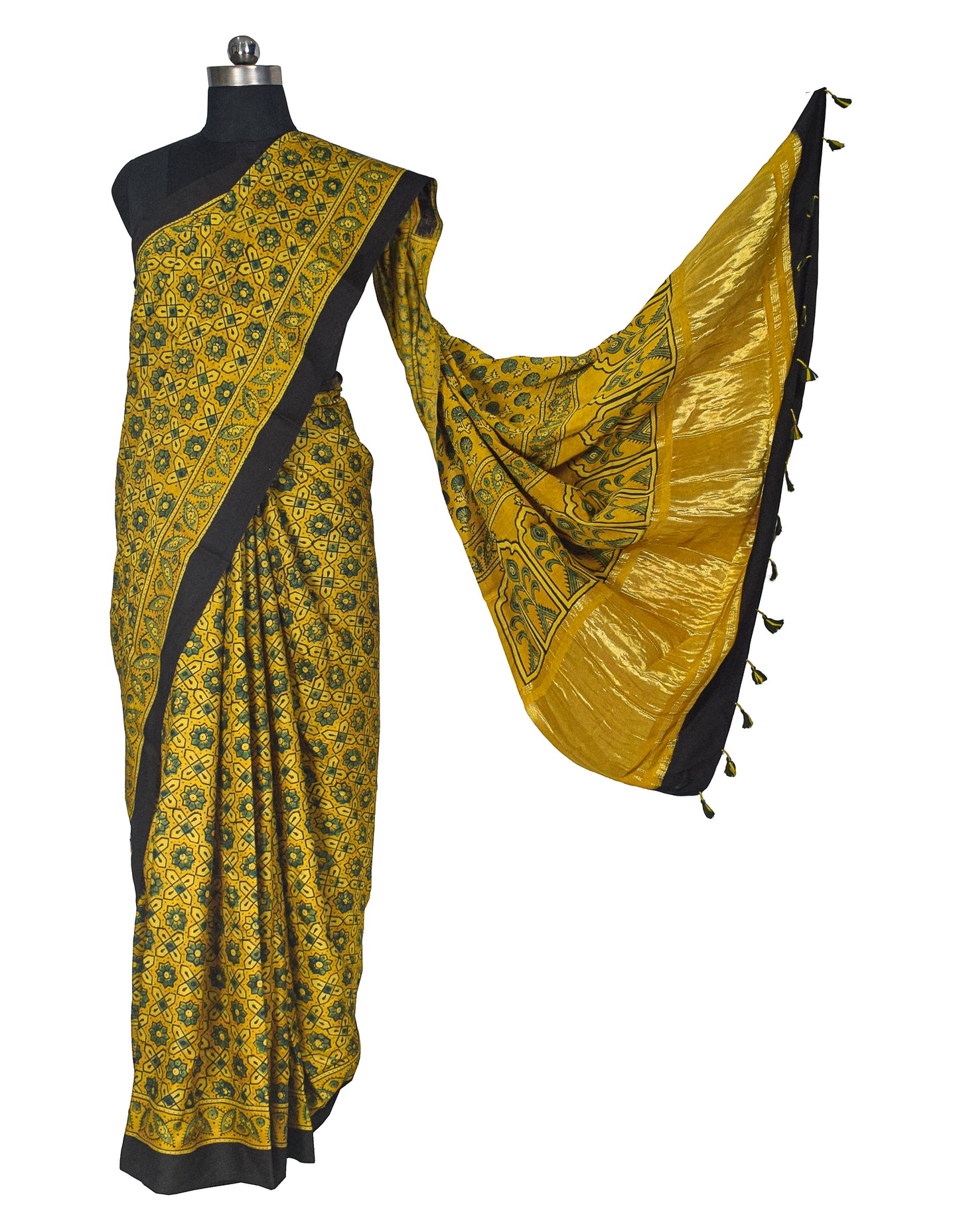 Ajrakh Modal Silk Natural Dye Golden Border Hand Block Print Saree with Blouse Piece - 5.5 Mtr Length    -  SKU : MS05C01B