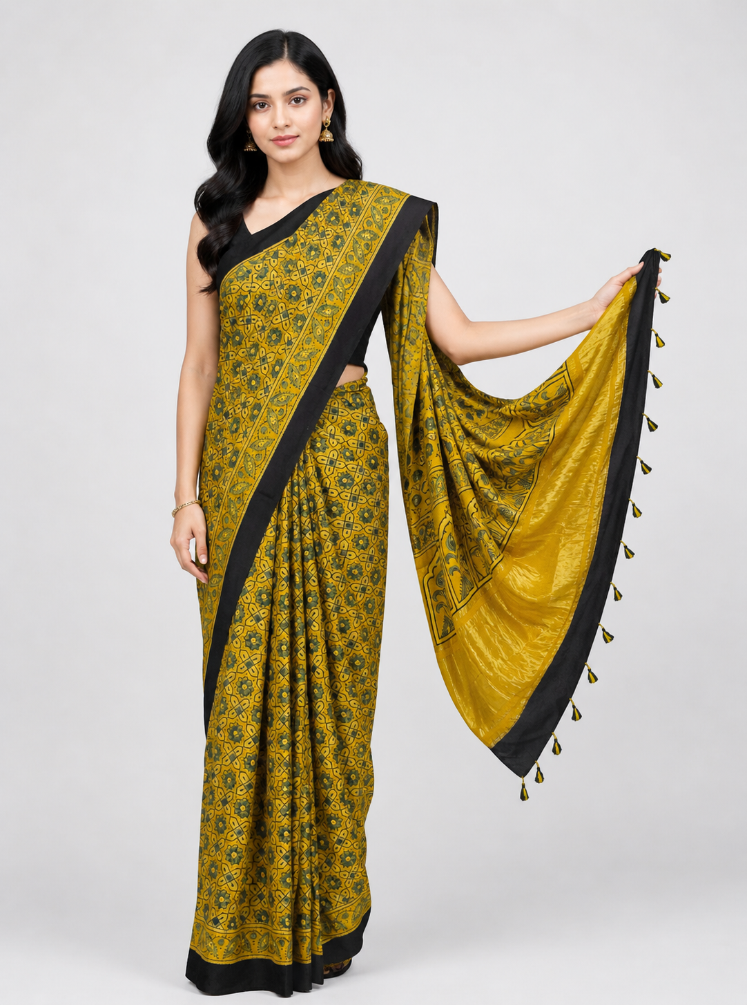 Ajrakh Modal Silk Natural Dye Golden Border Hand Block Print Saree with Blouse Piece - 5.5 Mtr Length    -  SKU : MS05C01B