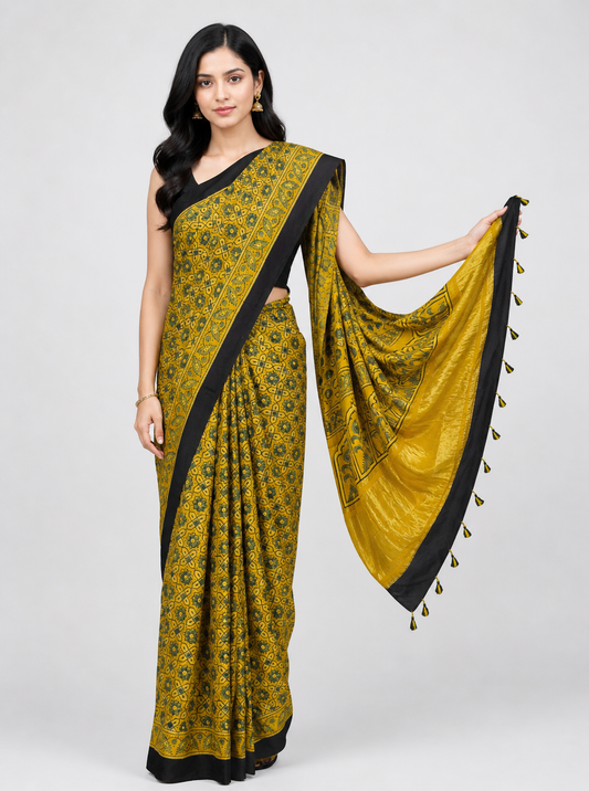 Ajrakh Modal Silk Natural Dye Golden Border Hand Block Print Saree with Blouse Piece - 5.5 Mtr Length    -  SKU : MS05C01B