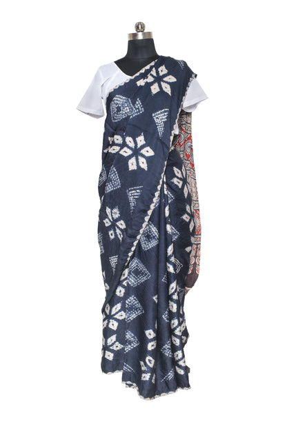 Bandhej ( Tie-Dye) Modal Silk Semi Natural Dye Shibori Bandhej Saree  With Natural Dye Ajrakh Pallu  - With Blouse Piece - 6 mtrs Length  -  SKU: KK10401A