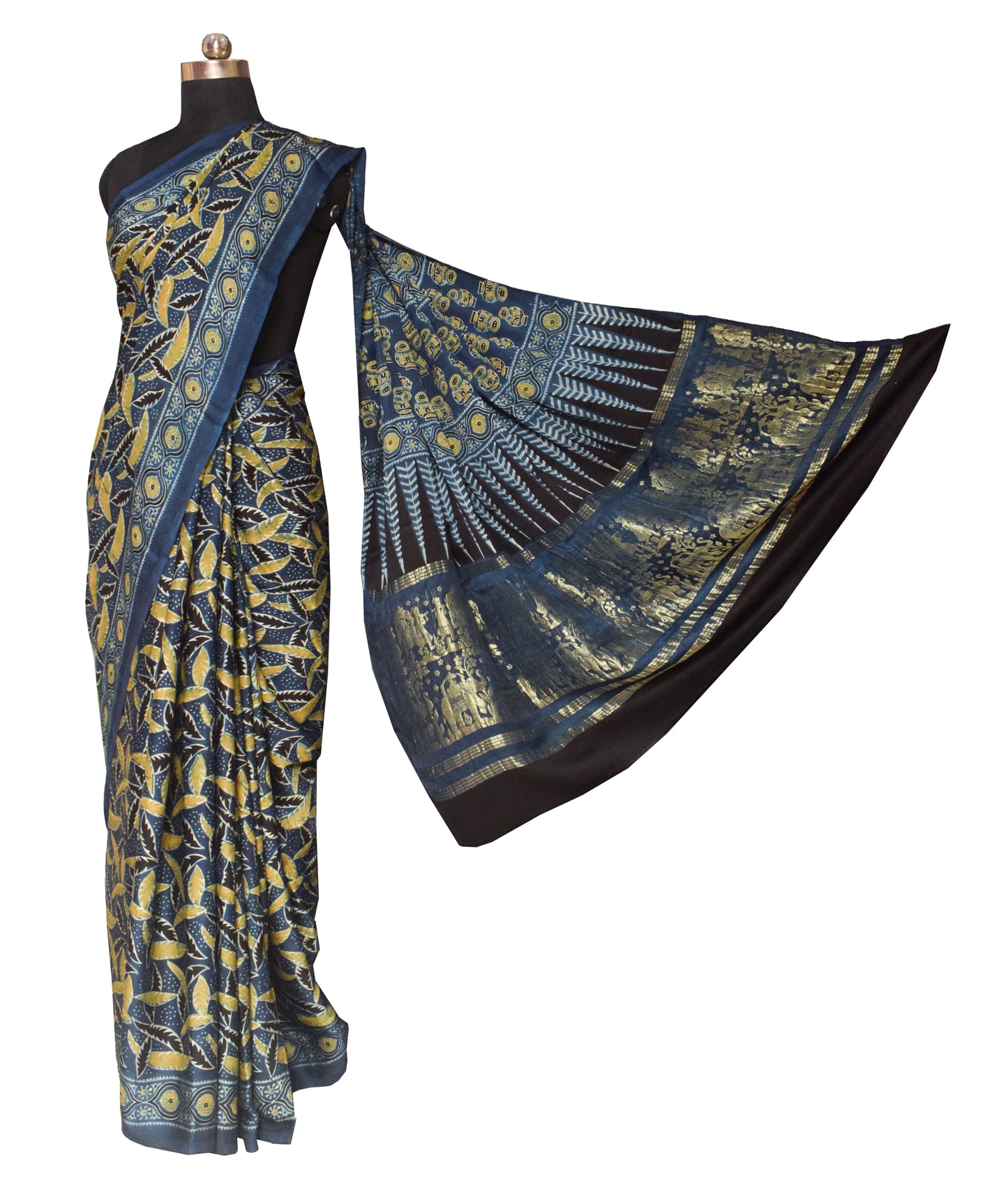 Ajrakh Modal Silk Natural Dye Designer Hand Block Print Saree  with Nakshi Border - with Ajrakh Blouse Piece  - 6 Mtr Length    -  SKU : ID28C02A