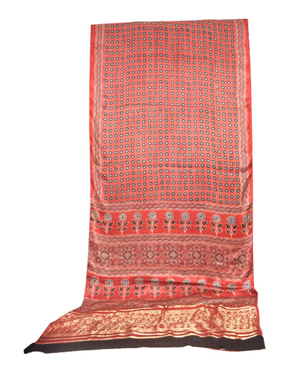 Ajrakh Modal Silk Natural Dye Designer Hand Block Print Saree  with Nakshi Border - with Ajrakh Blouse Piece  - 6 Mtr Length    -  SKU : ID27903B