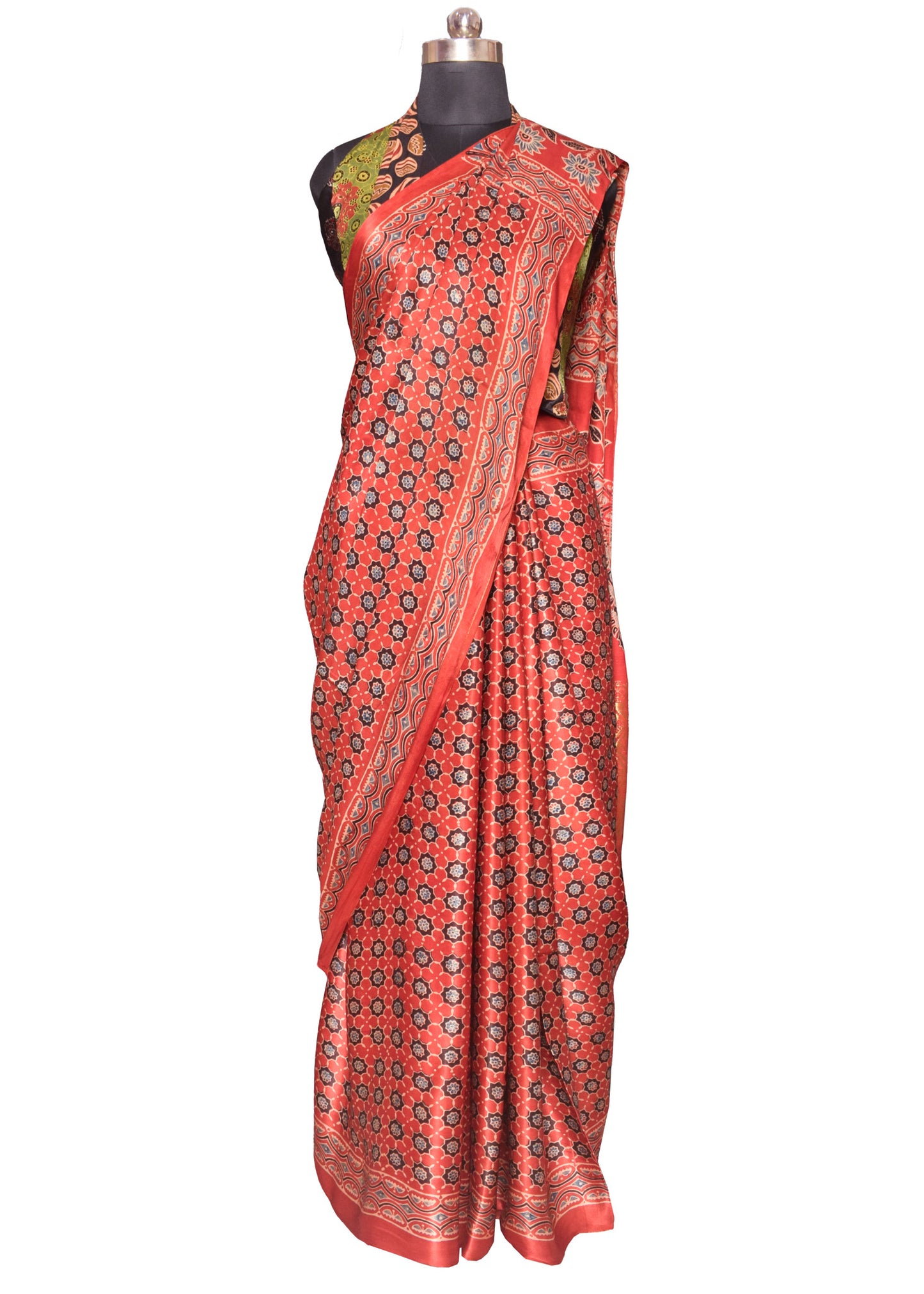 Ajrakh Modal Silk Natural Dye Designer Hand Block Print Saree  with Nakshi Border - with Ajrakh Blouse Piece  - 6 Mtr Length    -  SKU : ID27903B