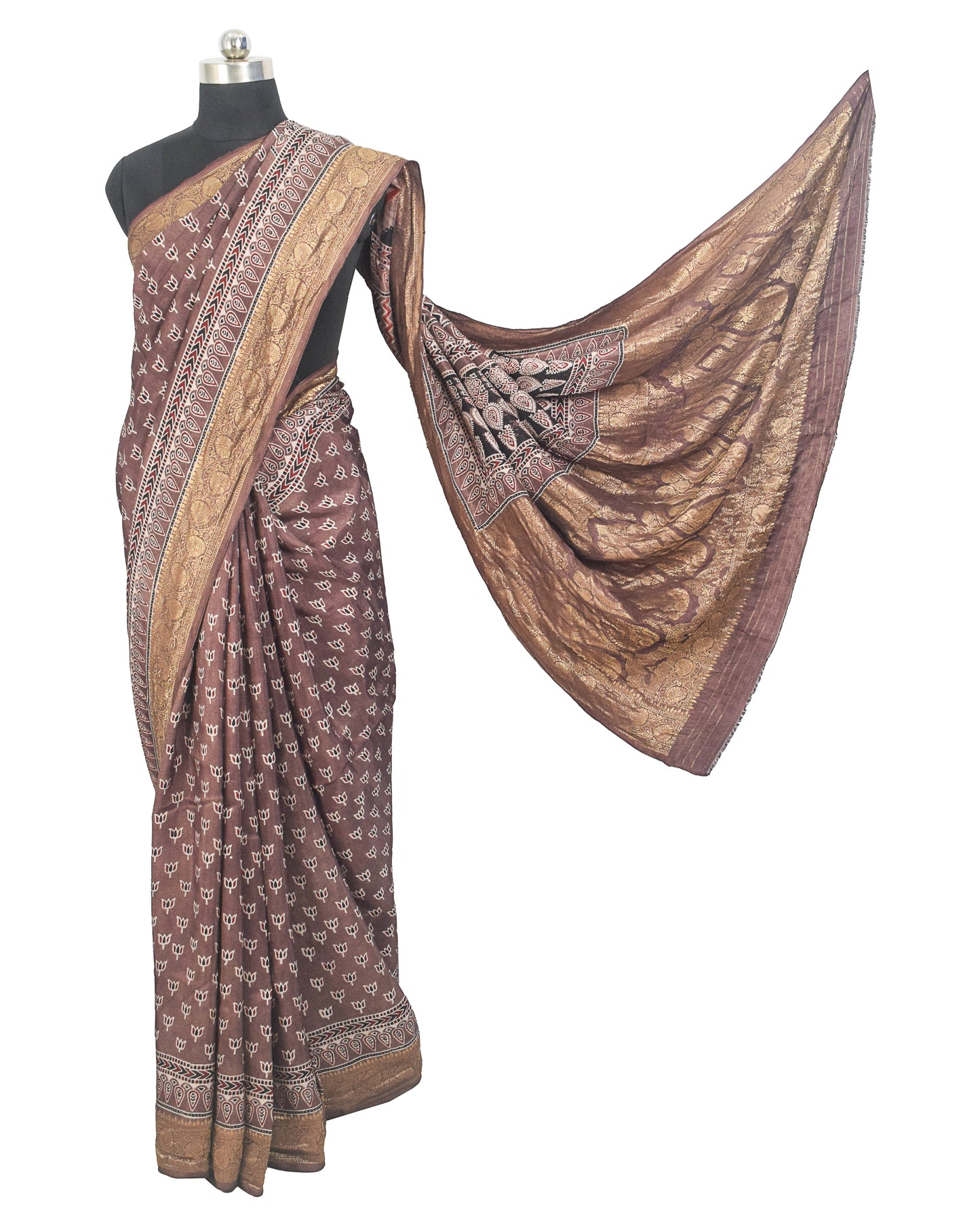 Ajrakh Dola Silk Natural Dye Nakshi Pallu Hand Block Print Saree Nakshi Border with Blouse Piece - 5.5  Mtr Length    -  SKU : AI04101L