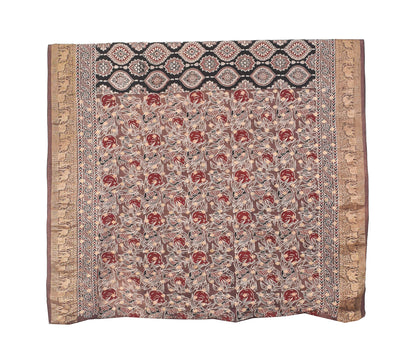 Ajrakh Dola Silk Natural Dye Nakshi Pallu Hand Block Print Saree Nakshi Border with Blouse Piece - 5.5  Mtr Length    -  SKU : AI04101M