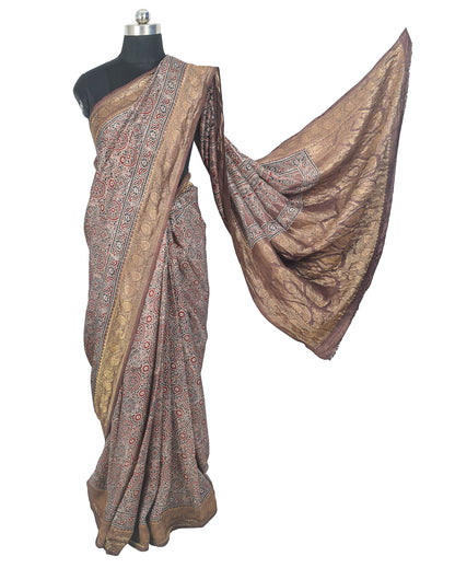 Ajrakh Dola Silk Natural Dye Nakshi Pallu Hand Block Print Saree Nakshi Border with Blouse Piece - 5.5  Mtr Length    -  SKU : AI04101N