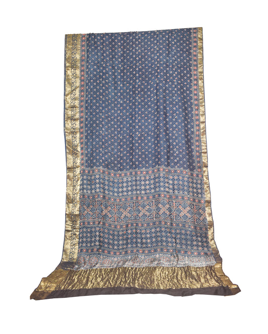 Ajrakh Dola Silk Natural Dye hand printed Saree  With Nakshi Pallu  - With Blouse Piece  -  SKU: ID11801F