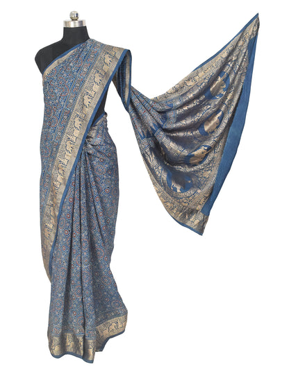 Ajrakh Dola Silk Natural Dye Nakshi Pallu Hand Block Print Saree Nakshi Border with Blouse Piece - 5.5  Mtr Length    -  SKU : AI04101G