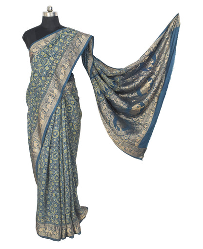 Ajrakh Dola Silk Natural Dye Nakshi Pallu Hand Block Print Saree Nakshi Border with Blouse Piece - 5.5  Mtr Length    -  SKU : AI04101F