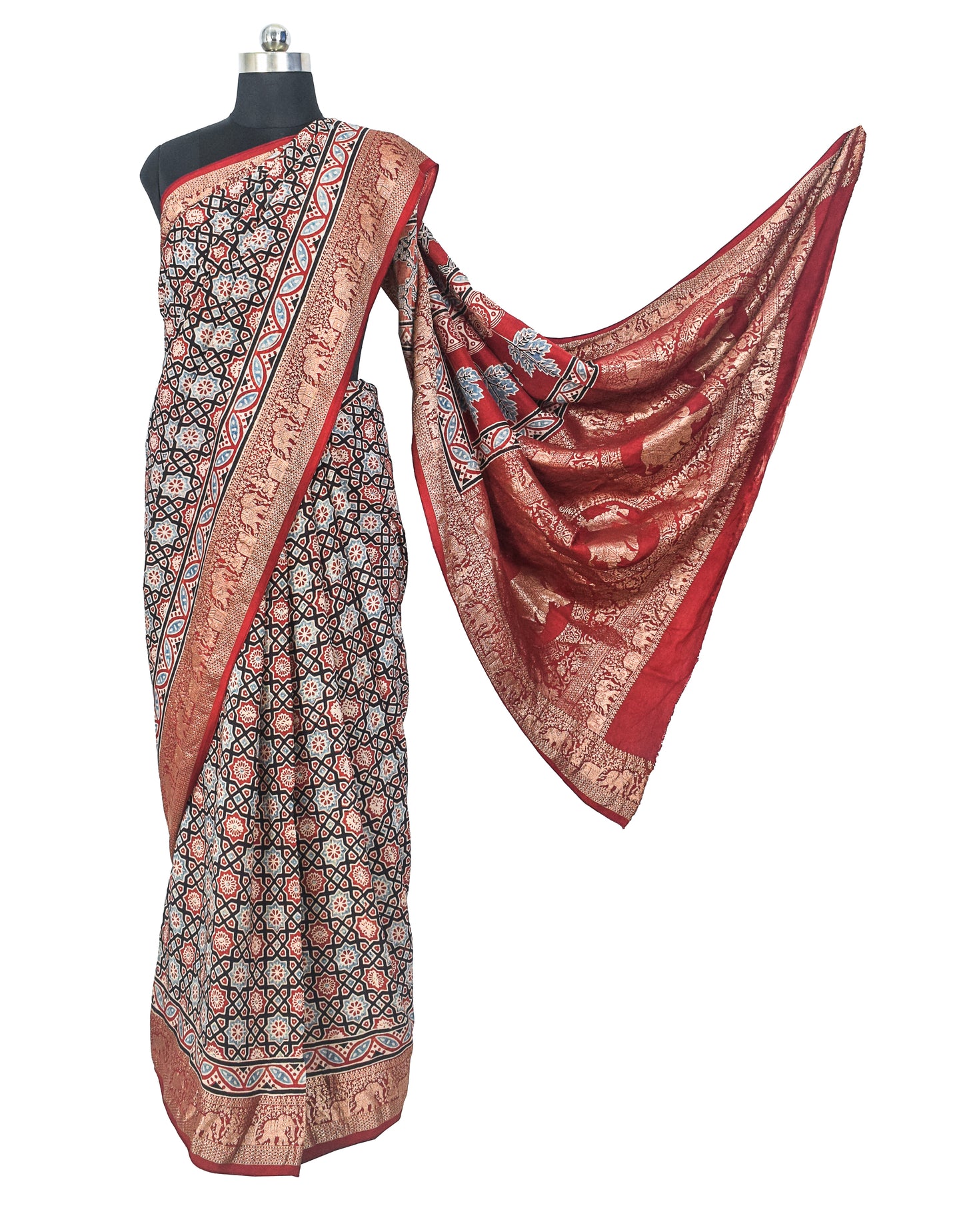 Ajrakh Dola Silk Natural Dye Nakshi Pallu Hand Block Print Saree Nakshi Border with Blouse Piece - 5.5  Mtr Length    -  SKU : AI04101U