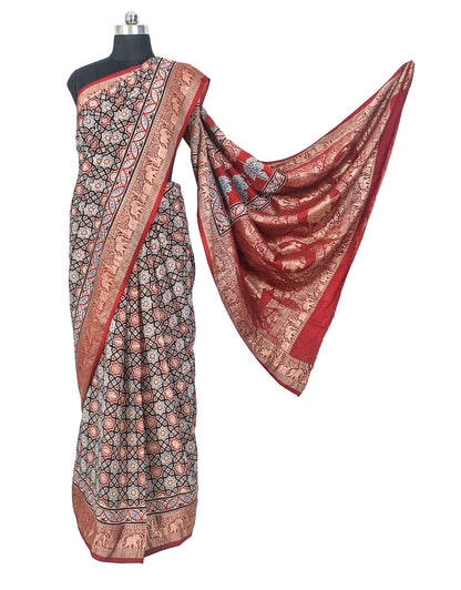 Ajrakh Dola Silk Natural Dye Nakshi Pallu Hand Block Print Saree Nakshi Border with Blouse Piece - 5.5  Mtr Length    -  SKU : AI04101U