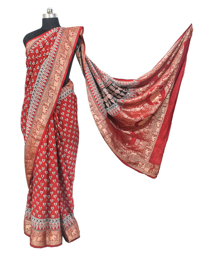 Ajrakh Dola Silk Natural Dye Nakshi Pallu Hand Block Print Saree Nakshi Border with Blouse Piece - 5.5  Mtr Length    -  SKU : AI04101V