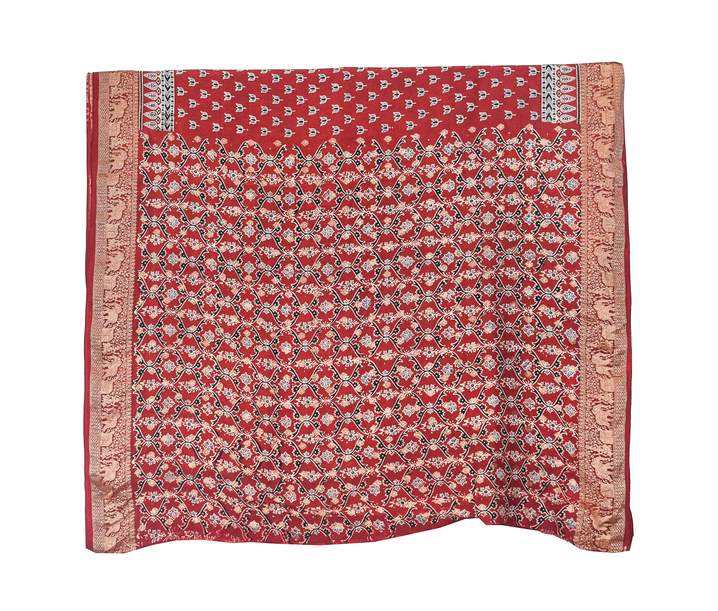 Ajrakh Dola Silk Natural Dye Nakshi Pallu Hand Block Print Saree Nakshi Border with Blouse Piece - 5.5  Mtr Length    -  SKU : AI04101V