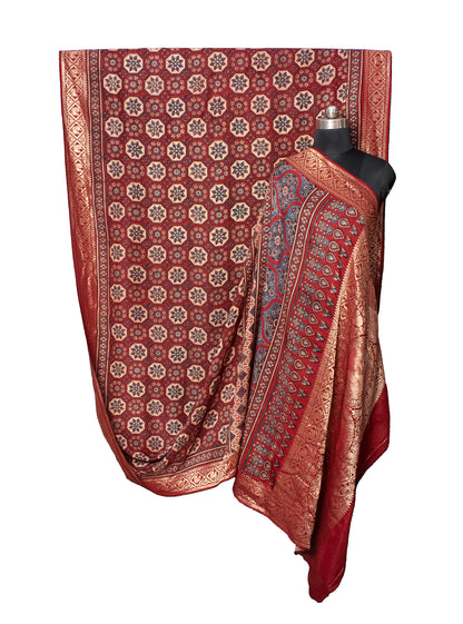 Ajrakh Dola Silk Natural Dye Nakshi Pallu Hand Block Print Saree Nakshi Border 5.5 Mtr Length + 0.85 Mtr Blouse Piece    -  SKU : ID01902G