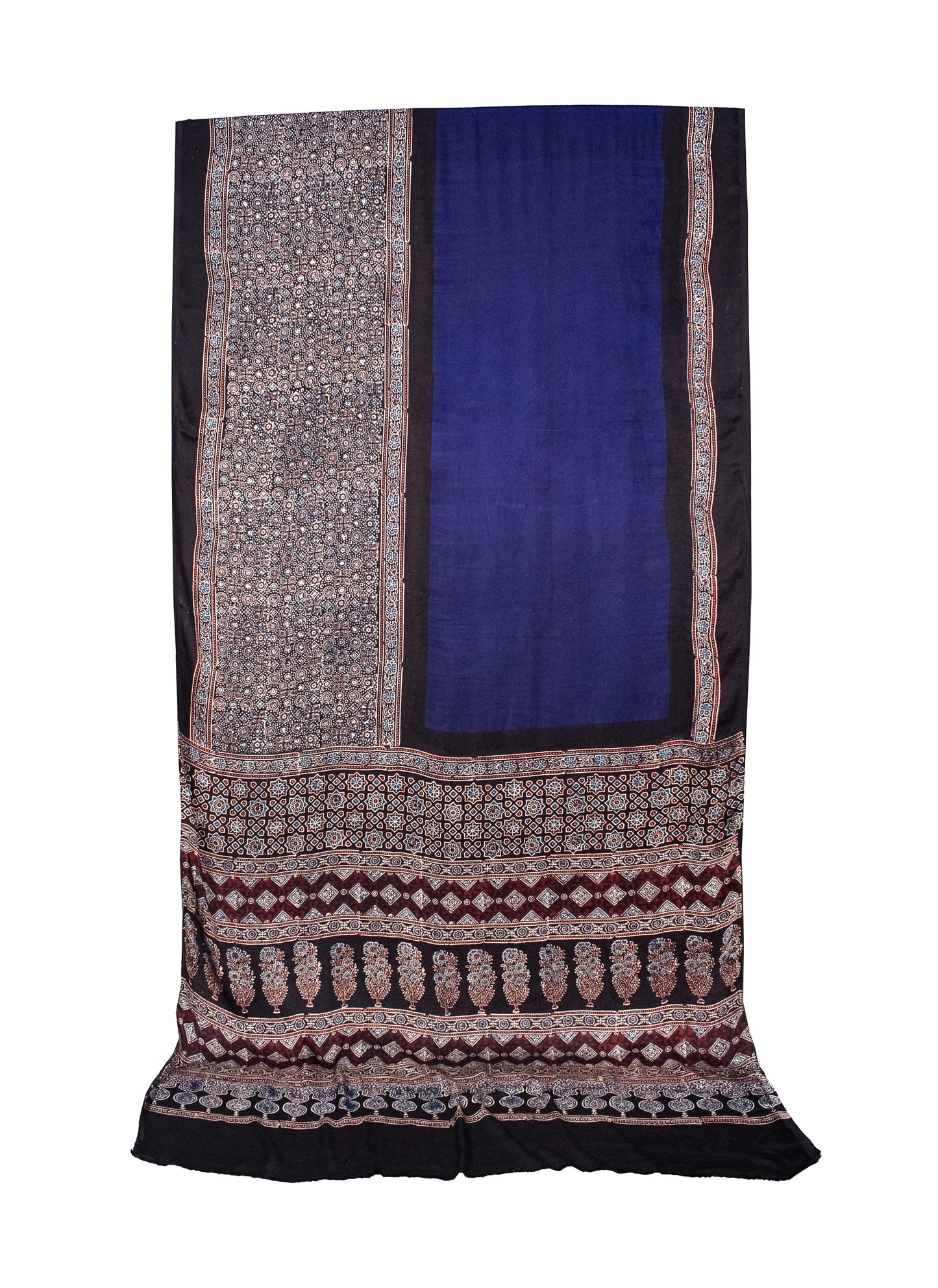 Ajrakh Modal Silk Part Natural Dye Half Plain Hand Block Print Saree with Blouse Piece - 5.5 Mtr Length    -  SKU : 0047-BLBK