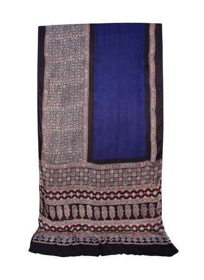 Ajrakh Modal Silk Part Natural Dye Half Plain Hand Block Print Saree with Blouse Piece - 5.5 Mtr Length    -  SKU : 0047-BLBK