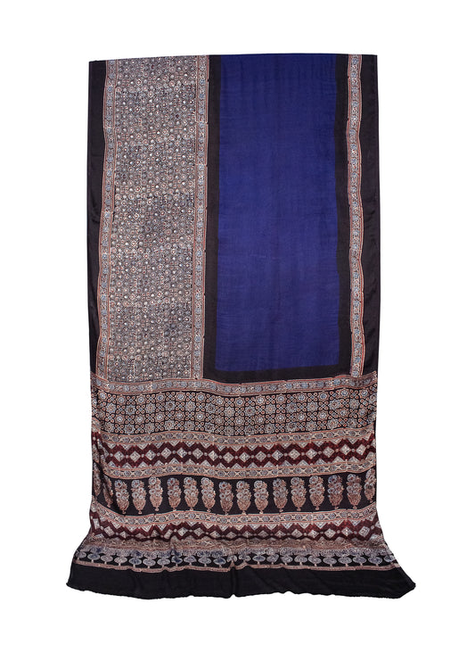 Ajrakh Modal Silk Part Natural Dye Half Plain Hand Block Print Saree with Blouse Piece - 5.5 Mtr Length    -  SKU : 0047-BLBK
