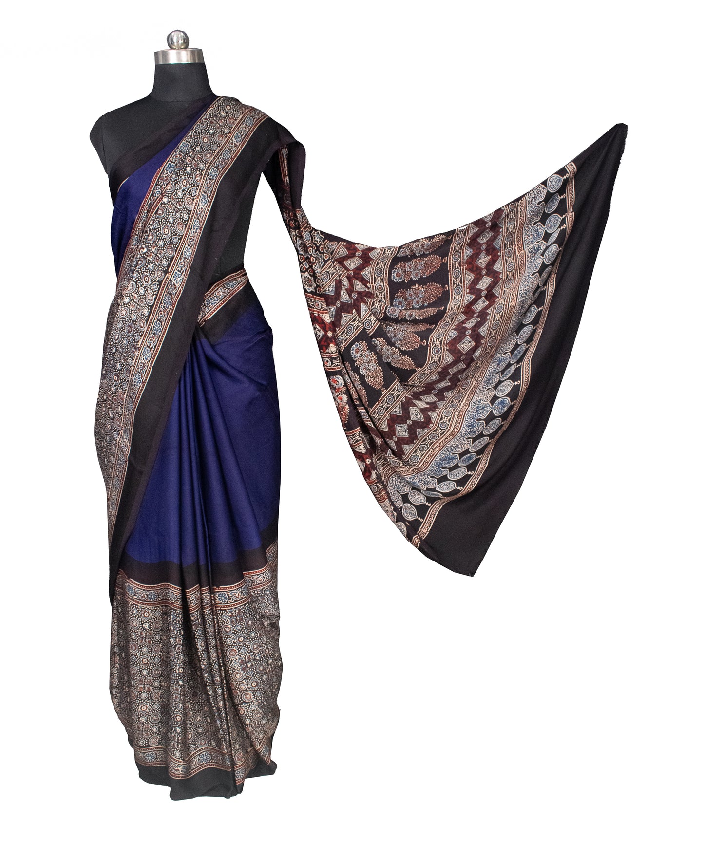 Ajrakh Modal Silk Part Natural Dye Half Plain Hand Block Print Saree with Blouse Piece - 5.5 Mtr Length    -  SKU : 0047-BLBK