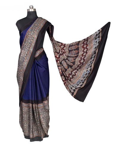 Ajrakh Modal Silk Part Natural Dye Half Plain Hand Block Print Saree with Blouse Piece - 5.5 Mtr Length    -  SKU : 0047-BLBK