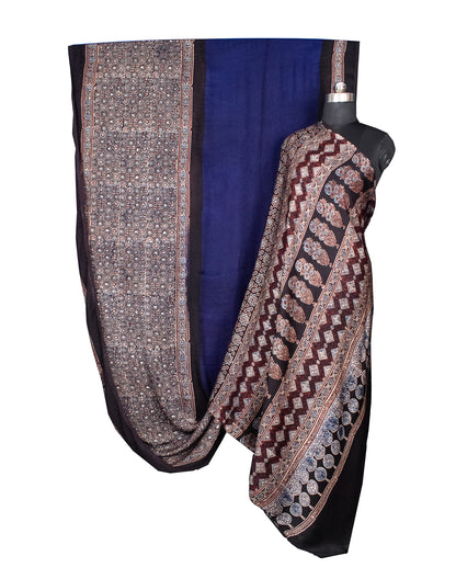 Ajrakh Modal Silk Part Natural Dye Half Plain Hand Block Print Saree with Blouse Piece - 5.5 Mtr Length    -  SKU : 0047-BLBK