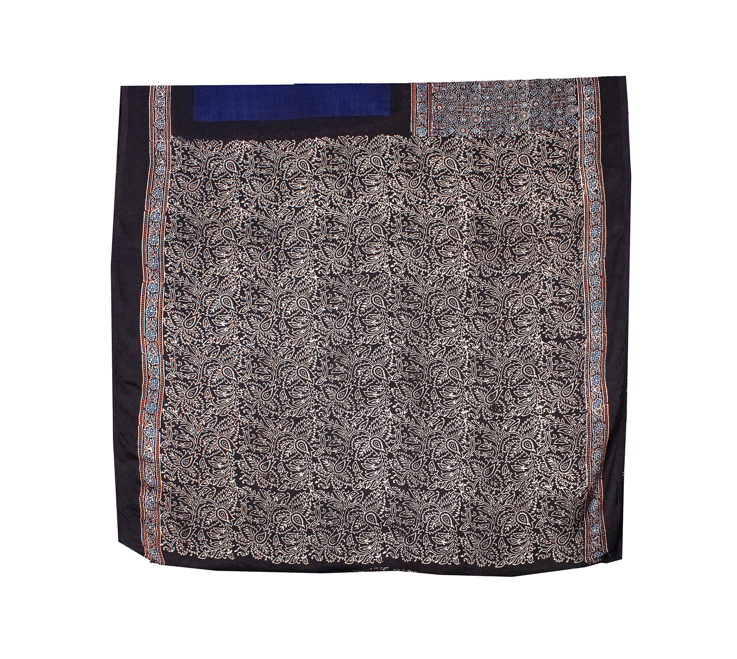 Ajrakh Modal Silk Part Natural Dye Half Plain Hand Block Print Saree with Blouse Piece - 5.5 Mtr Length    -  SKU : 0047-BLBK