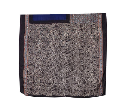 Ajrakh Modal Silk Part Natural Dye Half Plain Hand Block Print Saree with Blouse Piece - 5.5 Mtr Length    -  SKU : 0047-BLBK