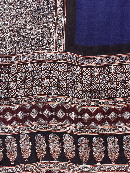 Ajrakh Modal Silk Part Natural Dye Half Plain Hand Block Print Saree with Blouse Piece - 5.5 Mtr Length    -  SKU : 0047-BLBK