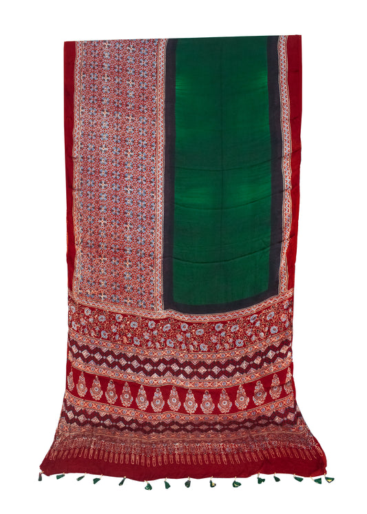 Ajrakh Modal Silk Part Natural Dye Half Plain Hand Block Print Saree with Blouse Piece     -  SKU : 0047