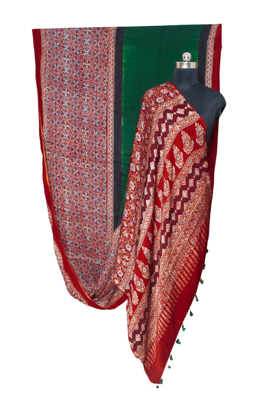 Ajrakh Modal Silk Part Natural Dye Half Plain Hand Block Print Saree with Blouse Piece     -  SKU : 0047