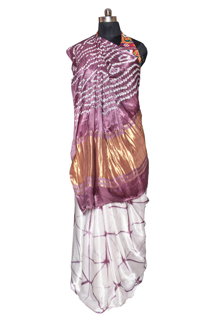 Clamp Tie Die Modal Silk Bandhej Pallu Saree  with Golden Border - with Bandhej Blouse Piece  - 6 Mtr Length  -  SKU: KK03801F