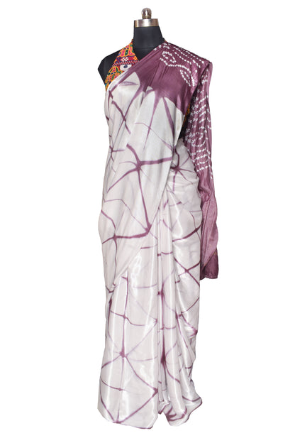 Clamp Tie Die Modal Silk Bandhej Pallu Saree  with Golden Border - with Bandhej Blouse Piece  - 6 Mtr Length  -  SKU: KK03801F