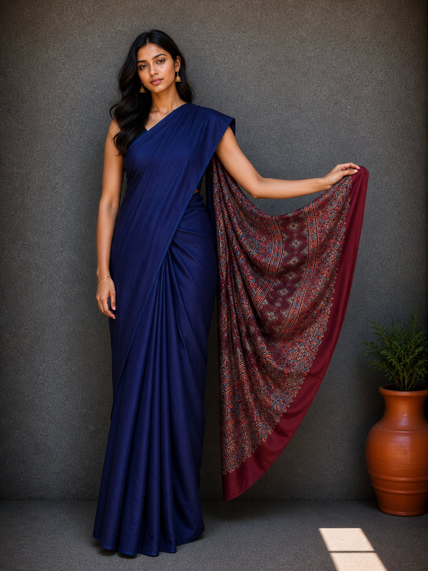 Plain Dyeing Modal Silk Natural Dye Ajrakh Pallu Hand Block Print Saree with Blouse Piece - 5.5 Mtr Length    -  SKU : 0050-BLMR